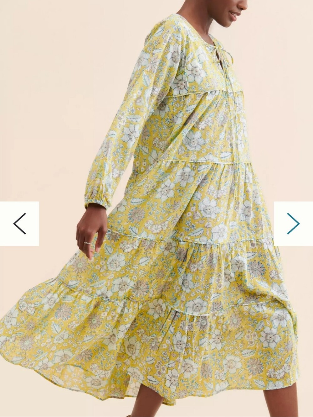 Anthropologie Yellow Floral Tiered Long-Sleeve Dress with Tie Neck